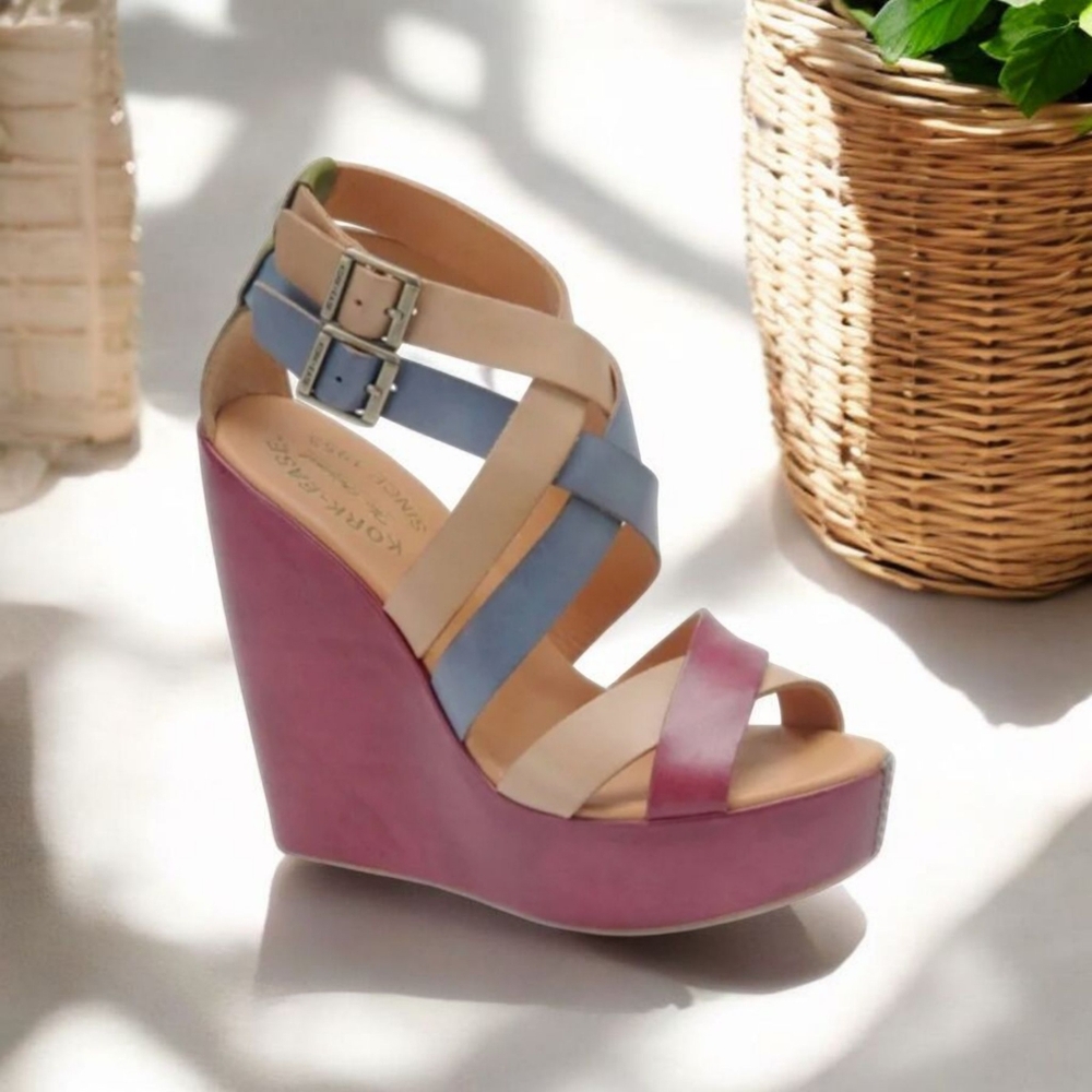 KORK-EASE "HAILEY" COLOBLOCK LEATHER WEDGES